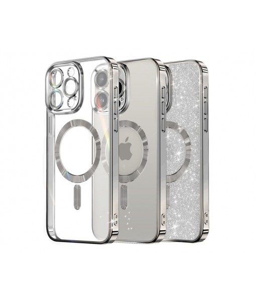 Husa iPhone 14 Pro Max, Crystal Glitter MagSafe cu Protectie La Camere, Silver